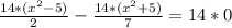 \frac{14*(x^{2}-5)}{2}-\frac{14*(x^{2}+5)}{7}=14*0