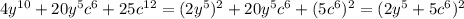 4y^{10} + 20y^{5}c^{6}+25c^{12}=(2y^5)^2 + 20y^{5}c^{6}+(5c^6)^2=(2y^5+5c^6)^2