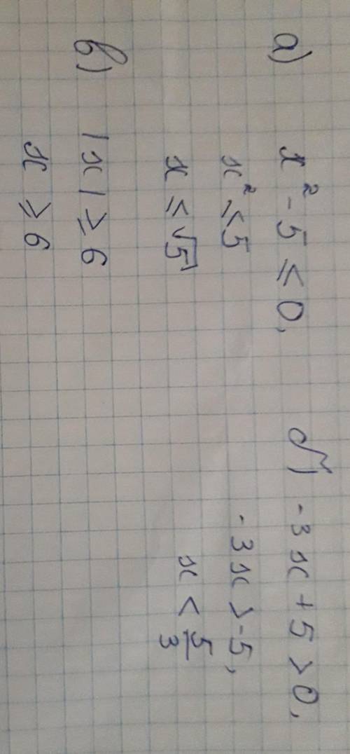 Решение неравенств с одной переменной а) x^2-5меньше или равно 0 б) -3x+5> 0 в) /x/ больше или ра