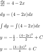 \frac{dy}{dx}=4-2x\\\\dy=(4-2x)dx\\\\\int dy=\int (4-2x)dx\\\\y=-\frac{1}{2}\cdot \frac{(4-2x)^2}{2}+C\\\\y=-\frac{(4-2x)^2}{4}+C