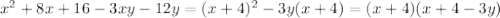 x^{2} +8x+16-3xy-12y=(x+4)^{2} -3y(x+4)=(x+4)(x+4-3y)