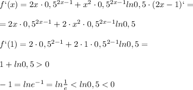 f`(x)=2x\cdot0,5^{2x-1}+x^{2} \cdot 0,5^{2x-1}ln0,5\cdot(2x-1)`=\\ \\= 2x\cdot0,5^{2x-1}+2\cdot x^{2} \cdot 0,5^{2x-1}ln0,5\\ \\ f`(1)=2\cdot 0,5^{2-1}+2\cdot 1\cdot0,5^{2-1}ln0,5=\\ \\ 1+ln0,50\\ \\ -1 =lne^{-1}=ln\frac{1}{e} < ln0,5 < 0