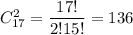 C^2_{17}=\dfrac{17!}{2!15!}=136