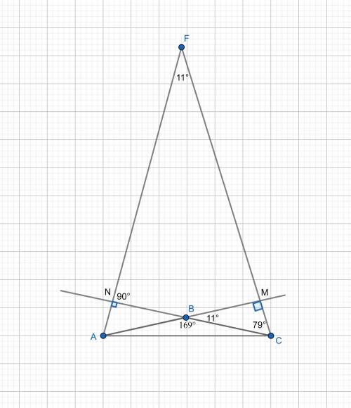 Дан треугольник abc,известно,что угол в =169градусов.в треугольник проведены высоты ам и сn. определ