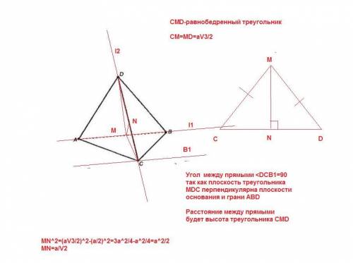 Abcd - правильный тетраэдр. вершины a и в лежат на прямой l1, вершины c и d - на прямой l2. какой уг