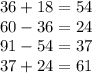 36 + 18 = 54 \\ 60 - 36 = 24 \\ 91 - 54 = 37 \\ 37 + 24 = 61