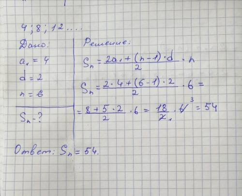 Найти сумму n членов арифметической прогрессии, если a1=4 d=2 n=6​