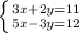 \left \{ {{3x+2y=11} \atop {5x-3y=12}} \right.