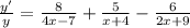 \(\frac{y'}{y}=\frac{8}{4x-7}+\frac{5}{x+4}-\frac{6}{2x+9}\)