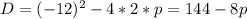 D=(-12)^2-4*2*p=144-8p