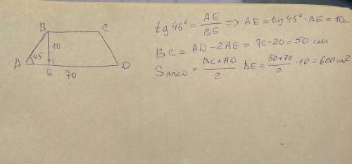 Вравнобедренной трапеции высота ве равна 10 см.найдите площадь трапеции, если большее основание ад р