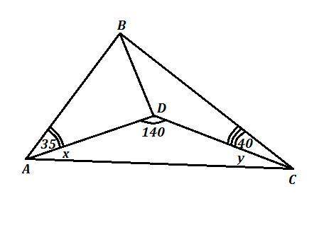 Усередині трикутника авс взято точку d так, що ∠ аdс=140°, ∠ваd=35°, ∠всd=40°. знайдіть ∠авс.