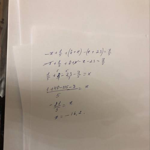 -x+\frac{1}{5}+(8+x)-(x+23)=\frac{7}{5}