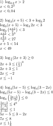 1)\;\log_{0,2}x2\\x<0,2^2\\x<0,04\\\\2)\;\log_3(x+5)<3+\log_32\\\log_3(x+5)-\log_32x<3\\\log_3\left(\frac{x+5}2\right)<3\\\frac{x+5}2<3^3\\\frac{x+5}2<27\\x+5<54\\x<49\\\\3)\;\log_{\frac12}(2x+3)\geq0\\2x+3\leq\left(\frac12\right)^0\\2x+3\leq1\\2x\leq-2\\x\leq-1\\\\4)\;\log_4(5x-5)\leq\log_4(3-2x)\\\log_4(5x-5)-\log_4(3-2x)\leq0\\\log_4\left(\frac{5x-5}{3-2x}\right)\leq0\\\frac{5x-5}{3-2x}\leq4^0\\\frac{5x-5}{3-2x}\leq1\\5x-5\leq3-2x\\7x\leq8\\x\leq1\frac18