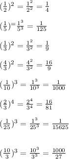 ( \frac{1}{2} ) {}^{2} = \frac{1 {}^{2} }{2 {}^{2} } = \frac{1}{4} \\ \\ ( \frac{1}{5} ) {}^ = \frac{1 {}^{3} }{5 {}^{3} } = \frac{1}{125} \\ \\ ( \frac{1}{3} ) {}^{2} = \frac{1 {}^{2} }{3 {}^{2} } = \frac{1}{9} \\ \\ ( \frac{4}{3} ) {}^{2} = \frac{4 {}^{2} }{3 {}^{2} } = \frac{16}{9} \\ \\ ( \frac{1}{10} ) {}^{3} = \frac{1 {}^{3} }{10 {}^{3} } = \frac{1}{1000} \\ \\ ( \frac{2}{3} ) {}^{4} = \frac{2 {}^{4} }{3 {}^{4} } = \frac{16}{81} \\ \\ ( \frac{1}{25} ) {}^{3} = \frac{1 {}^{3} }{25 {}^{3} } = \frac{1}{15625} \\ \\ \\ ( \frac{10}{3} ) {}^{3} = \frac{10 {}^{3} }{3 {}^{3} } = \frac{1000}{27} 