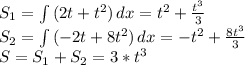 S_{1}=\int\limits {(2t+t^2)} \,dx=t^2+\frac{t^3}3}\\S_{2}=\int\limits {(-2t+8t^2)} \, dx=-t^2+\frac{8t^3}{3}\\S=S_{1}+S_{2}=3*t^3