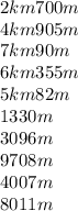 2km700m \\ 4km905m \\ 7km90m \\ 6km355m \\ 5km82m \\ 1330m \\ 3096m \\ 9708m \\ 4007m \\ 8011m