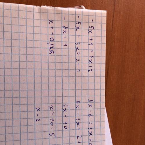 Решить уравнение -5х+1=3х+2. 8х-6=3х+2