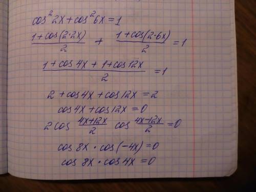 Укажите количество корней уравнений 1)cos^2(2x)+cos^2(6x)=1(фото) 2)фото