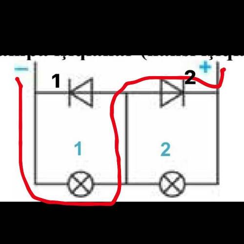 Какая лампа будет светиться и почему ? ( 1 или 2)​
