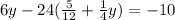 6y-24(\frac{5}{12} +\frac{1}{4} y)=-10