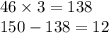 46 \times 3 = 138 \\ 150 - 138 = 12 \\ 