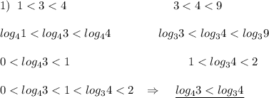 1)\; \; 1<3<4\qquad \qquad \qquad \qquad \quad 3<4<9\\\\log_41<log_43<log_44\qquad \qquad log_33<log_34<log_39\\\\0<log_43<1\qquad \qquad \qquad \qquad \qquad 1<log_34<2\\\\0<log_43<1<log_34<2\; \; \; \Rightarrow \; \; \; \; \underline {log_43<log_34}