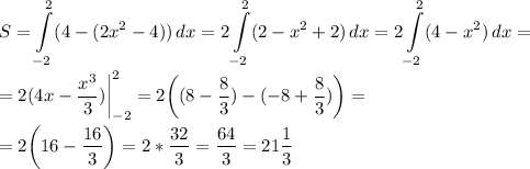 \displaystyle S=\int\limits^{2}_{-2}({4-(2x^2-4)}) \, dx =2\int\limits^2_{-2} ({2-x^2+2}) \, dx =2\int\limits^2_{-2} ({4-x^2}) \, dx =\\\\=2(4x-\frac{x^3}{3})\bigg |_{-2}^2=2\bigg((8-\frac{8}{3})-(-8+\frac{8}{3})\bigg)=\\\\=2\bigg(16-\frac{16}{3}\bigg)=2*\frac{32}{3}=\frac{64}{3}=21 \frac{1}{3}