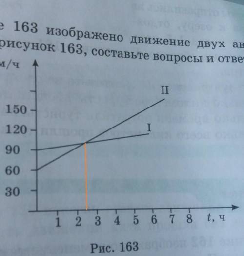 На рисунке 163 изображено движение двух автомобилей. используя рисунок 163 составьте вопросы и ответ