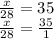  \frac{x}{28} = 35 \\ \frac{x}{28} = \frac{35}{1} 