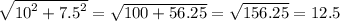  \sqrt{ {10}^{2} + {7.5}^{2} } = \sqrt{100 + 56.25} = \sqrt{156.25} = 12.5