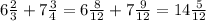 6\frac{2}{3} + 7\frac{3}{4} = 6\frac{8}{12} + 7\frac{9}{12} = 14\frac{5}{12}