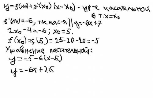 Cрочно, знайдiть рiвняння дотичноï до графiка функцiï f(x)=x²-4x-10,яка паралельна прямiй y=-6x+7