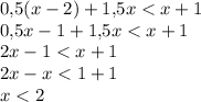 0{,}5(x-2)+1{,}5x<x+1\\0{,}5x-1+1{,}5x<x+1\\2x-1<x+1\\2x-x<1+1\\x<2