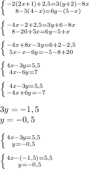 \left \{ {{-2(2x+1)+2,5=3(y+2)-8x} \atop {8-5(4-x)=6y-(5-x)}} \right. \\\\\left \{ {{-4x - 2 + 2,5 = 3y + 6 - 8x} \atop {8-20+5x = 6y - 5 +x}} \right.\\ \\\left \{ {{-4x + 8x - 3y = 6 + 2 - 2,5} \atop {5x - x - 6y = -5 - 8 +20}} \right.\\ \\\left \{ {{4x - 3y = 5,5} \atop {4x - 6y = 7}} \right.\\\\\left \{ {{4x - 3y = 5,5} \atop {-4x + 6y = -7}} \right. \\\\3y = -1,5\\y = - 0,5\\\\\left \{ {{4x - 3y = 5,5} \atop {y = -0,5}} \right. \\\\\left \{ {{4x - (-1,5) = 5,5} \atop {y = -0,5}} \right.