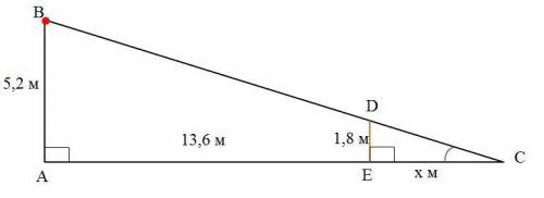 Шест высотой 1,8 м стоит на расстоянии 13,6 м, на котором висит фонарь на высоте 5,2 м. найдите длин