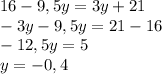 16-9,5y=3y +21\\-3y-9,5y=21-16\\-12,5y=5\\y= -0,4