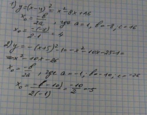 Записать координаты вершины параболы с полным решением: 1). y=(x-4)^2 2). y=-(x+5)^2-1