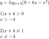 y=log_{x+4}(9-8x-x^{2})\\\\1)x+40\\x-4\\\\2)x+4\neq1\\x\neq-3