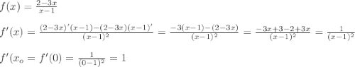 f(x)=\frac{2-3x}{x-1}\\\\f'(x)=\frac{(2-3x)'(x-1)-(2-3x)(x-1)'}{(x-1)^{2} }=\frac{-3(x-1)-(2-3x)}{(x-1)^{2} }=\frac{-3x+3-2+3x}{(x-1)^{2} }=\frac{1}{(x-1)^{2} }\\\\f'(x_{o}=f'(0)=\frac{1}{(0-1)^{2} }=1