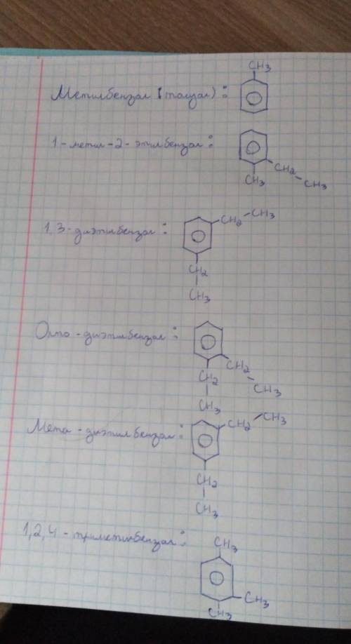 Изобразите структурные формулы следующих аренов : метилбензол1-метил - 2этилбензон1,3-диэтилбензонор