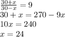 \frac{30+x}{30-x} =9\\30+x=270-9x\\10x=240\\x=24