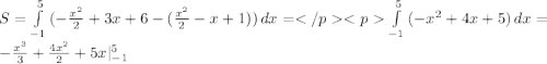 S=\int\limits^5_{-1} {(-\frac{x^2}{2} +3x+6-(\frac{x^2}{2}-x+1)) } \, dx =</p<p\int\limits^5_{-1} {(-x^2+4x+5}) \, dx =-\frac{x^3}{3} +\frac{4x^2}{2} +5x|_{-1}^5