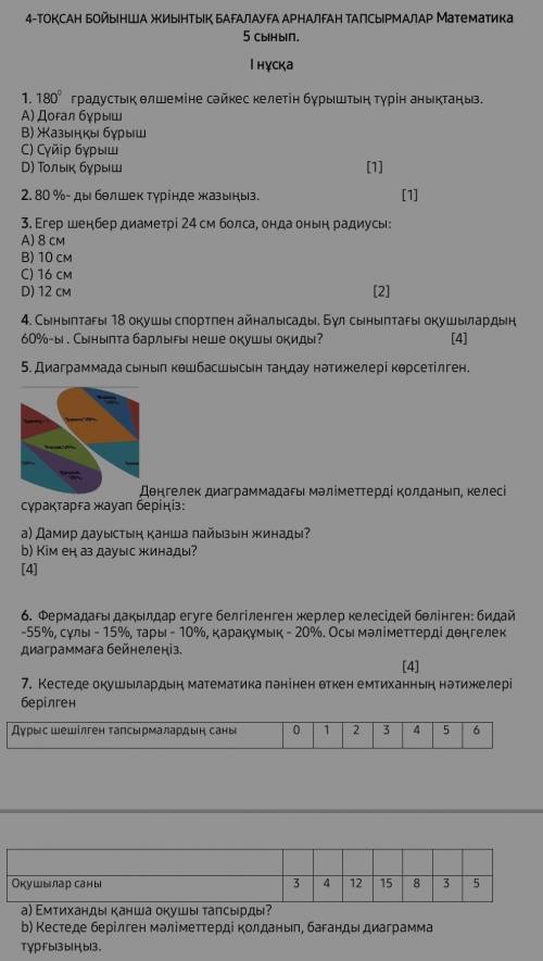 ТОҚСАН БОЙЫНША ЖИЫНТЫҚ БАҒАЛАУҒА АРНАЛҒАН ТАПСЫРМАЛАР Математика 5 сынып . І нұсқа​