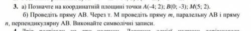 проведіть пряму АВ через точку М *проведіть пряму m паралельну АВ* і пряму n перпендикулярну AB ​