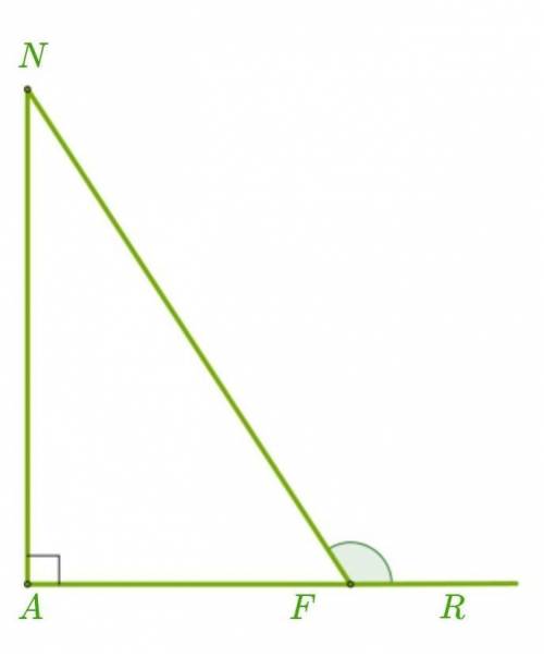 Маємо прямокутний трикутник ANF і зовнійшній кут ∠F.Визнач величини гострих кутів даного трикутника,
