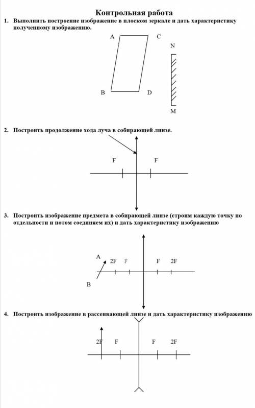 1) Выполнить построение изображение в плоском зеркале и дать характеристику полученному изображению.