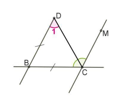 К данному рисунку известно следующее: DB=BC; DB∥MC; ∡BCM = 100°. Найди величину ∡1.