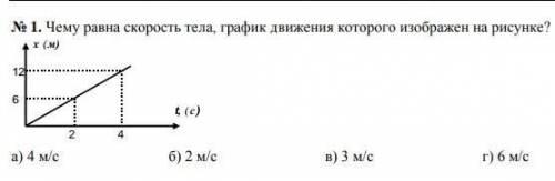 1. Чему равна скорость тела, график движения которого изобразитен на рисунке?1а) 4 м/св) 1 мег) 6 м/