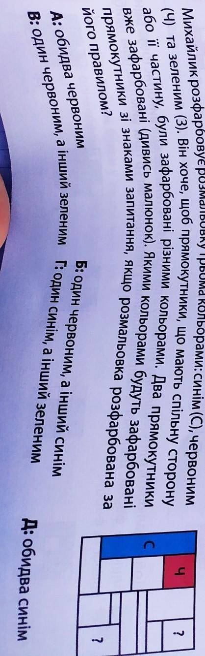 Михайлик розфарбовує розмальовку трьома кольорами: синім (С), червоним?(Ч) та зеленим (3). Він хоче,